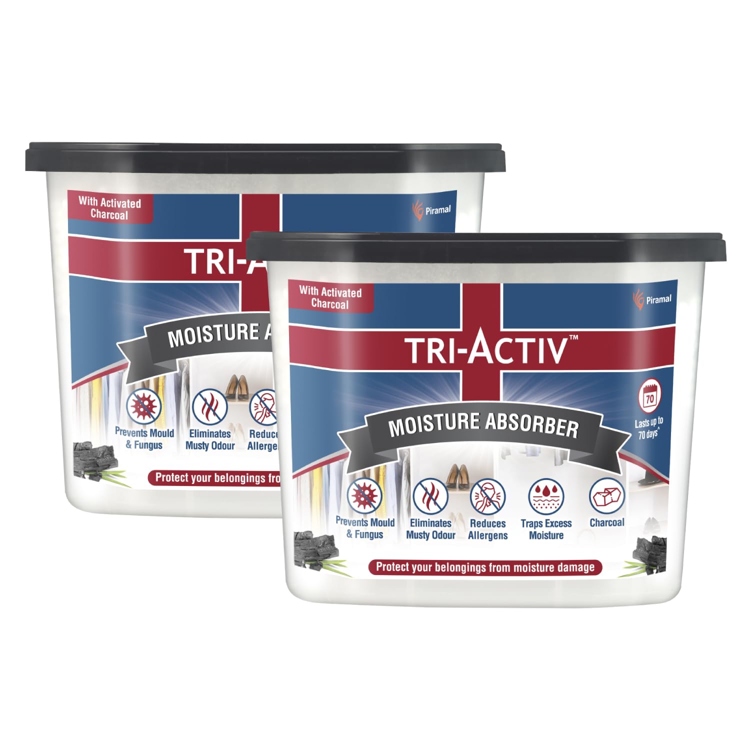Tri-Activ Moisture Absorber | Absorbs upto 600ml Each|Pack of 2 | Dehumidifier for Room Moisture | Air Freshener & Humidity Absorber for Wardrobe, Toilet & Car | Prevents Mould, Fungus, Odour|Charcoal