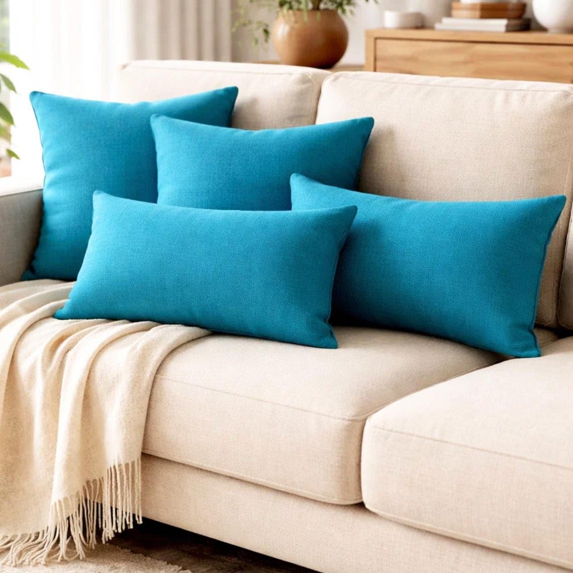 Juego de 2 Azul turquesa Lujo Funda de cojín lumbar 30 x 55 cm | Moderno Lino Funda de Cojín | Sólido, texturizado Fundas de almohada para sofá y dormitorio, decoración del hogar - Turquoise Linen