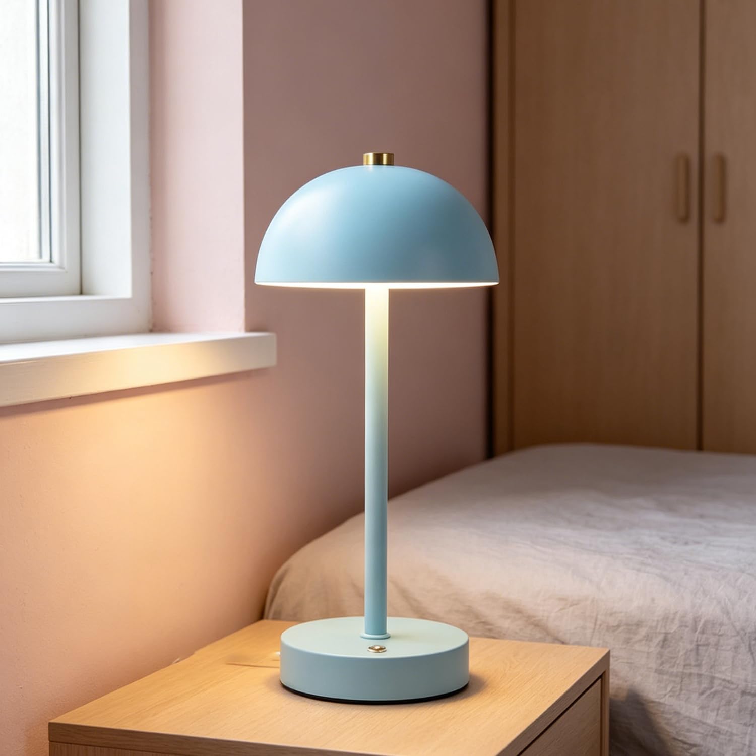 OOWOKS Lámpara de mesa inalámbrica con forma de seta recargable regulable al tacto lámpara LED de mesita de noche sin cables con batería recargable lámpara de mesa decorativa con forma de seta,Azul