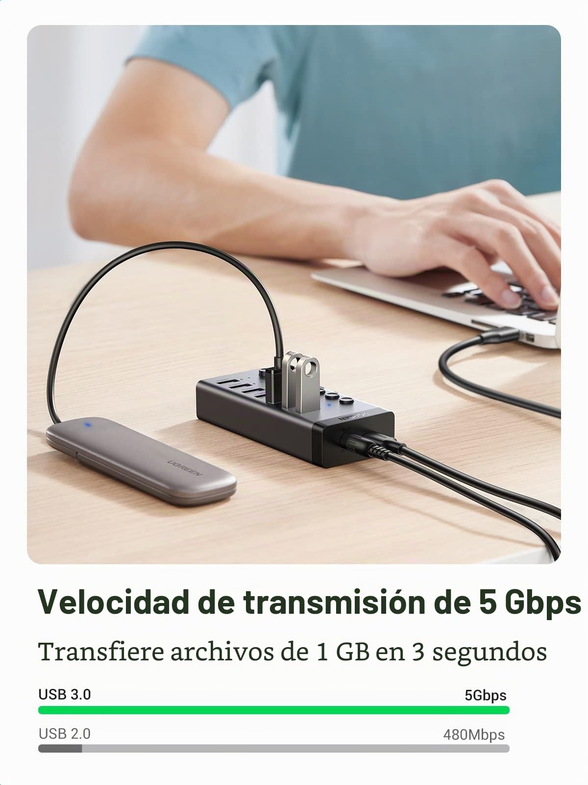 UGREEN Hub USB 3.0 7 Puertos con Interruptor y Fuente de Alimentación de 24W (12 V/2 A), Ladrón USB 3.0 de 7 Puertos 5Gbps con Adaptador de Corriente 5V 2A y 1M Cable Compatible con PC, Macbook