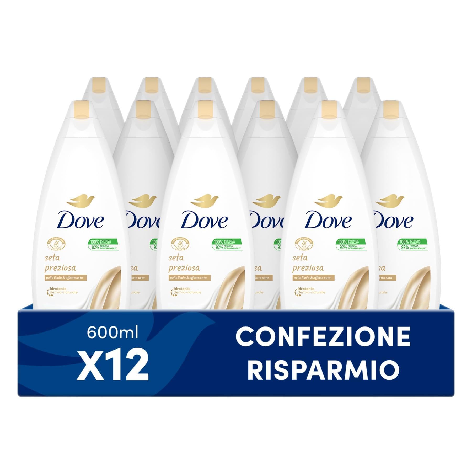 Dove, Bagnodoccia Seta Preziosa, con Idratante Dermo-Naturale, Pelle Liscia Effetto Seta Dopo Ogni Doccia, Dermatologicamente Testato, 92% Biodegradabile, 12 Pezzi da 600 ml