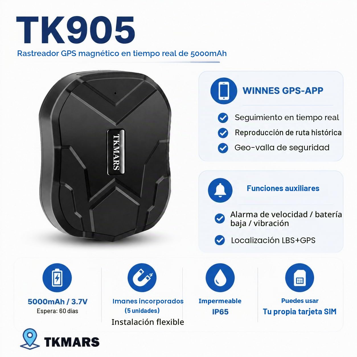 Localizador GPS para Coche TKMARS Rastreador GPS sin Suscripción 90 días en Espera 5000mAh Magnética Impermeable Antirrobo App Gratuita Geolocalizador Tracker para Auto Moto Camión TK905