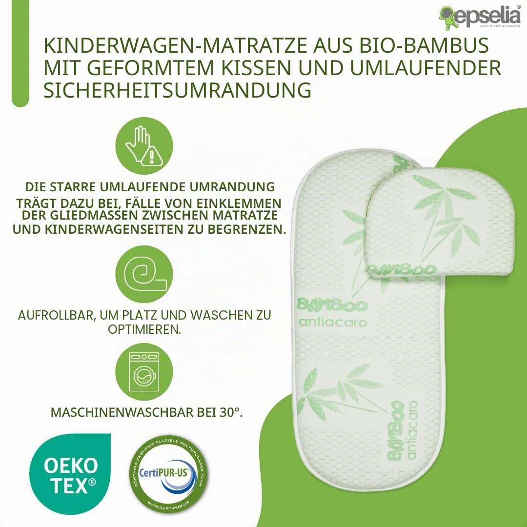 EPSELIA Bio-Bambu-Matratze für Kinderwagen, mit Kopfkissen, Zertifizierung gegen Erstickungsgefahr EN16890:2017, Struktur mit Belüftungslöchern, milbendicht, Oeko-Tex® Certipur™