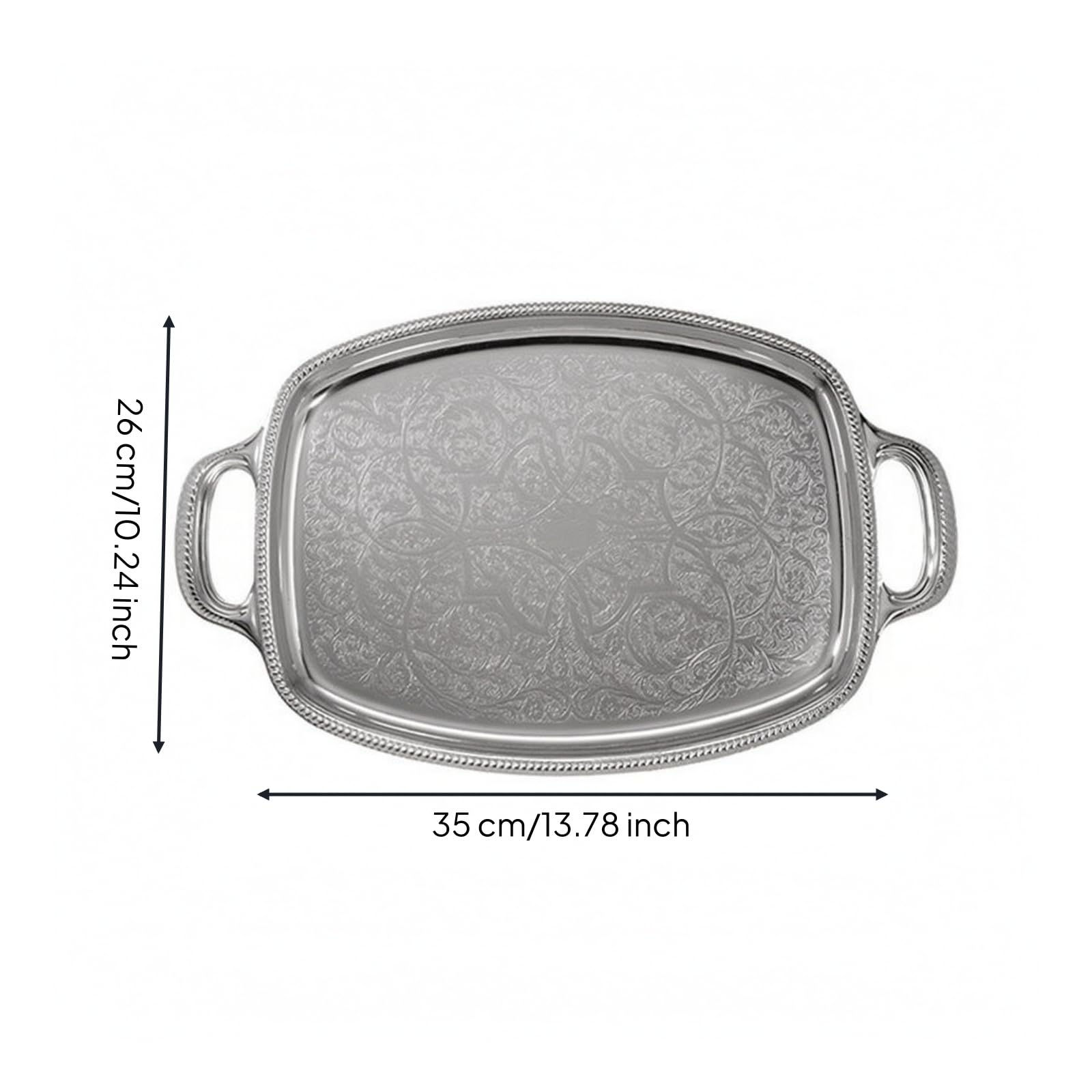 Graviert Tablett mit Griffen | Reflektierende metallische Oberfläche, Serviertablett, rostfrei, Dekotablett, für Kaffeetafel, L