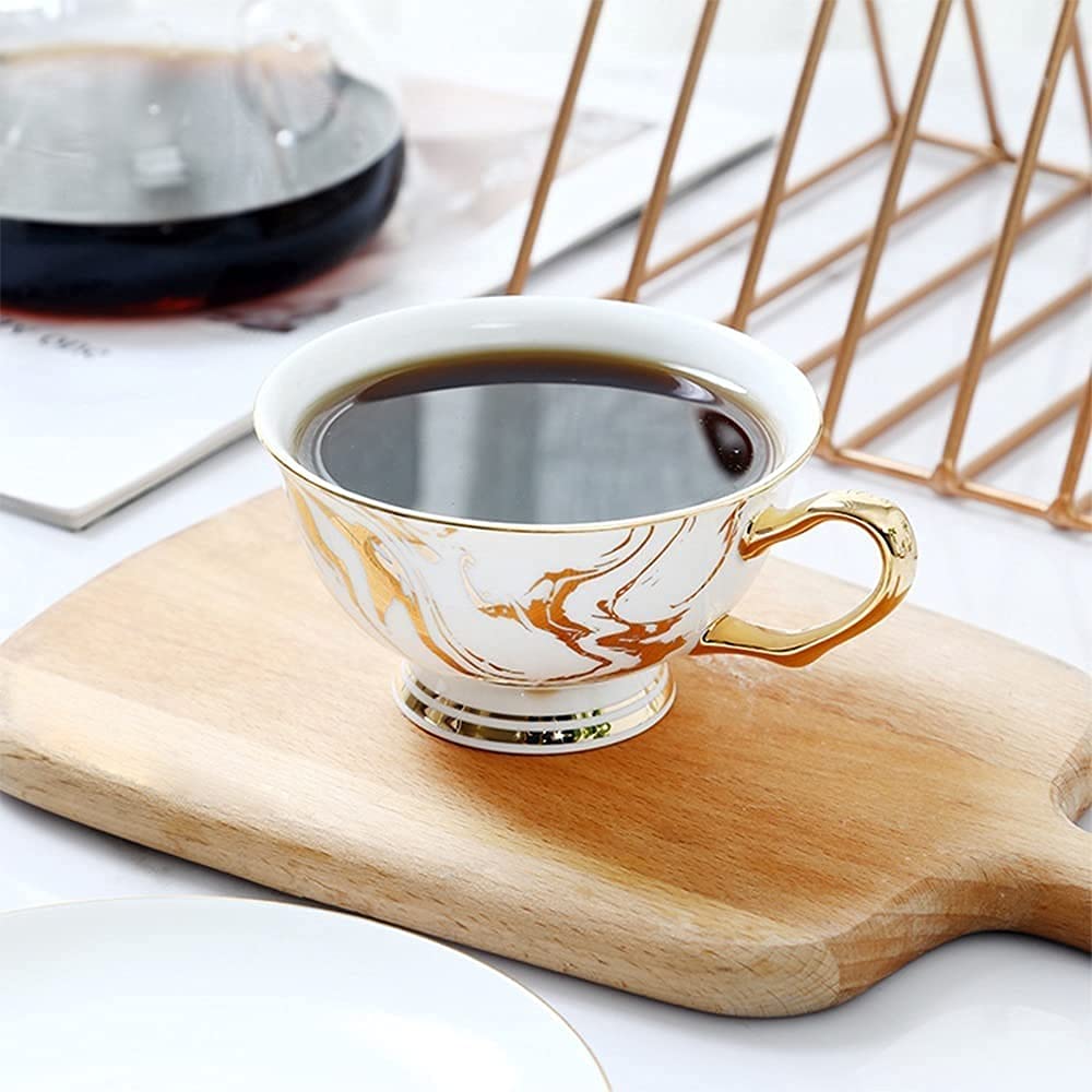 Taza de té de cerámica Vintage, Taza de café Elegante con Adornos de Oro, Tazas de té de Hueso Real con Juego de platillos