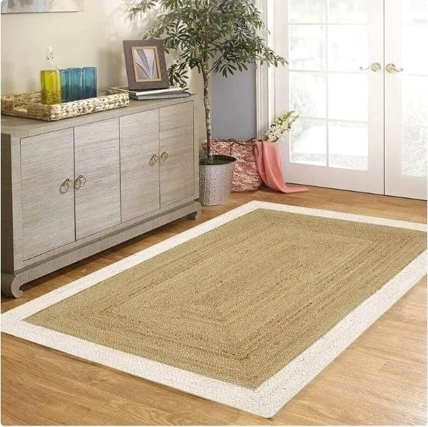 Aizza Trends Alfombra de yute natural y blanco de 7 x 11 pies, alfombra bohemia y elegante, trenzada a mano, decoración rústica de granja para sala de estar, comedor y dormitorio