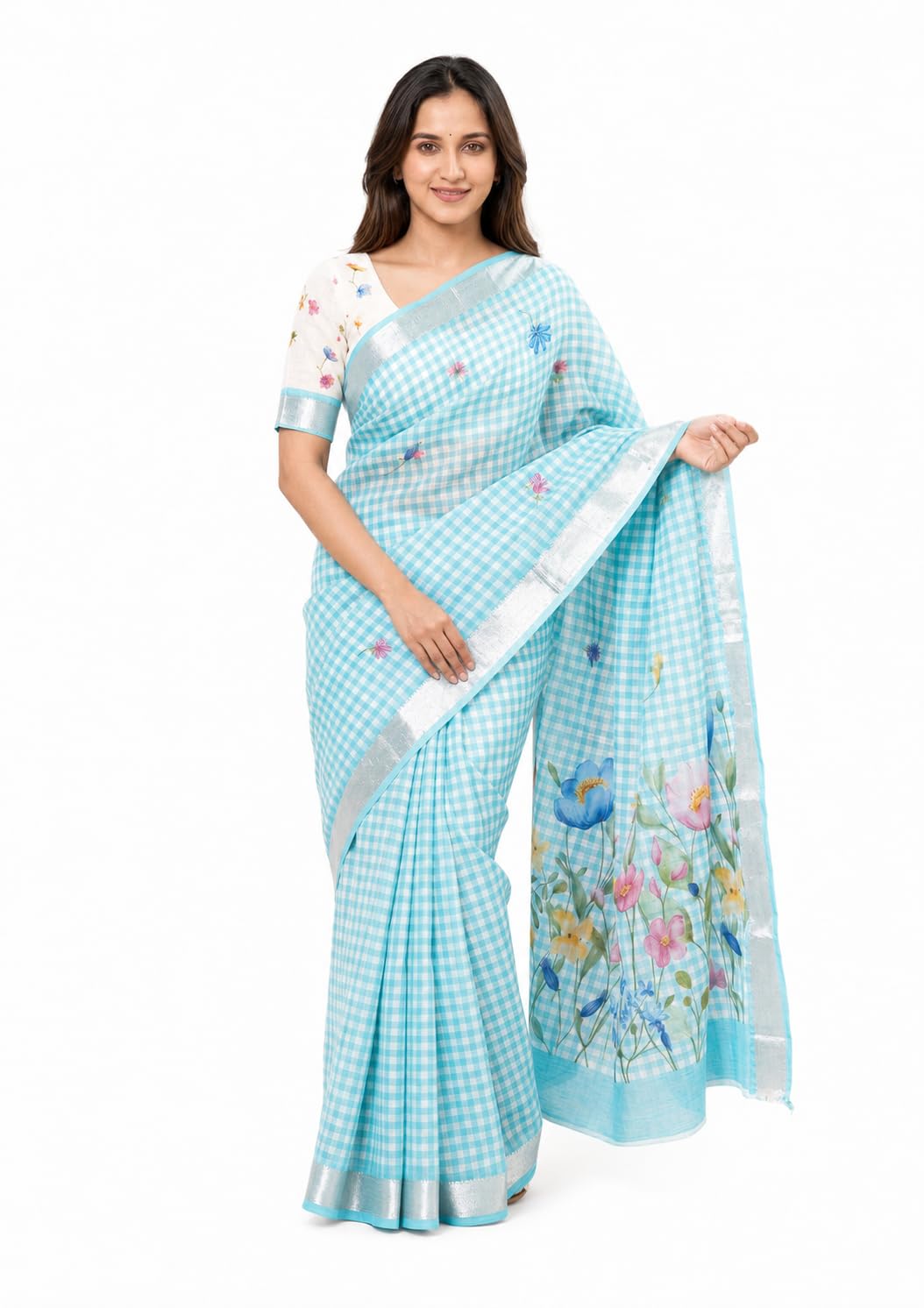 Soft Linen Saree for Women with Mangalagiri Border and Floral Pallu Design, Lightweight Checked Ethnic Saree with Unstitched Blouse Piece, Elegant Festive Casual Wear, 6.3 Meter-image-39
