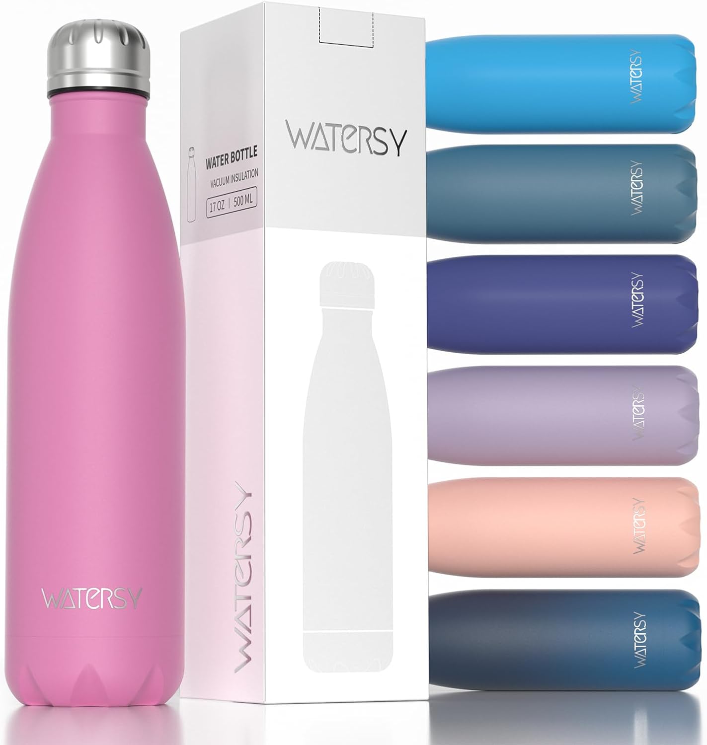 WATERSY Stainless Steel water bottles,17oz/500ml Insulated Water Bottles,Gloss Pink metal water bottle Keeps Drink Cold and Hot,BPA Free kids water bottles for School,Gym,Travel,Sports