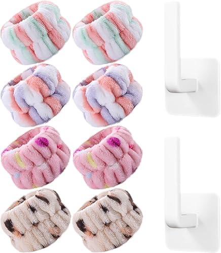 OLizee 4 pares de bandas absorbentes de spa para muñeca con 2 ganchos de pared organizador de muñeca toalla para lavado de cara toallas para muñeca