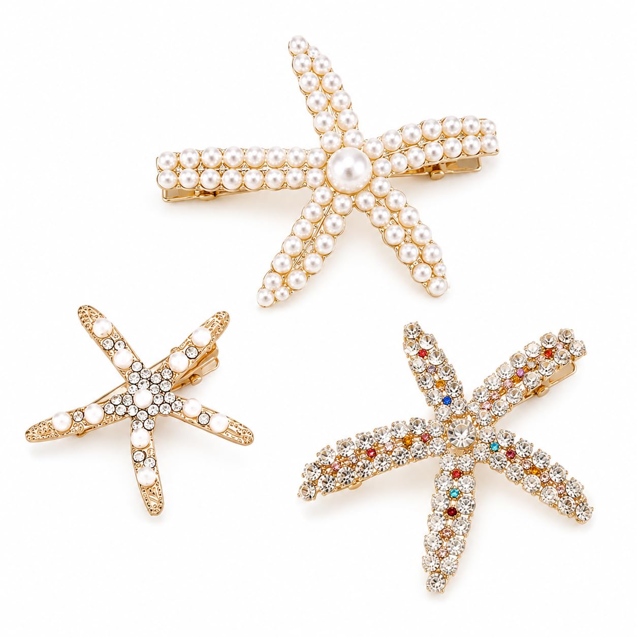 Starfish Hair Clips for Women and Girls, 3PCS Pearl Rhinestone Gold Metal Barrettes, Beachy Hair Accessories for Summer Vacation, Coastal Ocean Inspired Hair Jewelry for Teens