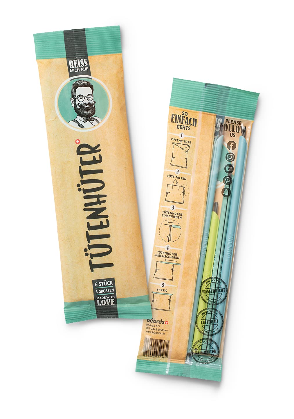 Tütenhüter Das Original Verschlussclips für Beutel – luft- & wasserdichter Tütenverschluss, wiederverwendbare Tütenclips, 3 Größen a 2 Stück (14/18/22 cm)