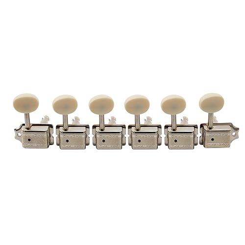 Wilkinson Deluxe WJ55 Vintage 6 Inline Guitar Tuners Split Post Machine Heads Tuning Pegs Keys for Classic Vibe Fender Strat/Tele Style Electric Guitar, Nickel with Off White Button