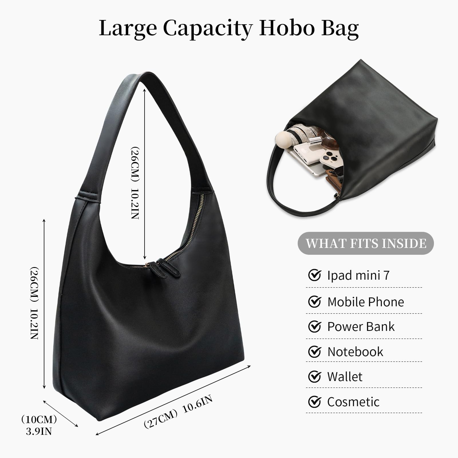 MaijjLyn Leather Hobo Bag Small Shoulder Purses for Women Slouchy Tote Handbag Vegan Leather Crescent Bag Black