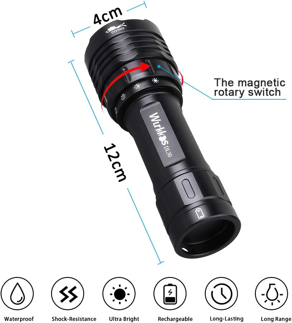 wurkkos DL30 Diving Flashlight Rechargeable Super Bright Max 3600Lumen Scuba Dive Light with 3pcs LH351D 90CRI LEDs,100m Underwater Scuba Dive Light IPX-8 Waterproof Submersible Flashlight : Sports & Outdoors