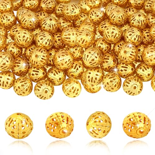 TOAOB 100pcs Gold Spacer Beads 6mm Filigree Hollow Ball Beads Round Metal Loose Beads for DIY Crafts Bracelets Necklaces Earrings Jewelry Making