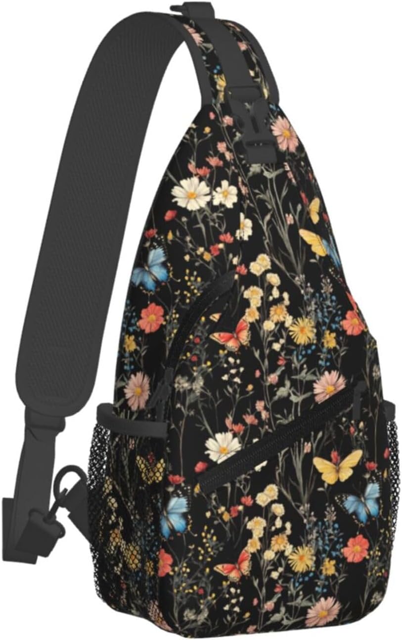 SUPLUCHOM Sling Bag Wildflower Botanical Butterfly Flower Hiking Daypack Crossbody Shoulder Backpack Travel Chest Pack for Men Women - Image 2