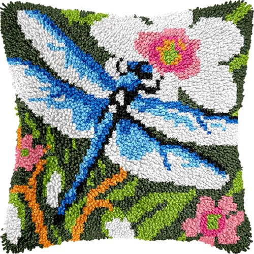 Image of veirousa Latch Hook Kits for Adults, DIY Dragonfly Pillow & Rug Craft Kit for Beginners, Floral Handmade Yarn Art, Relaxing Home Sofa Decor Gift 17x17 Inch