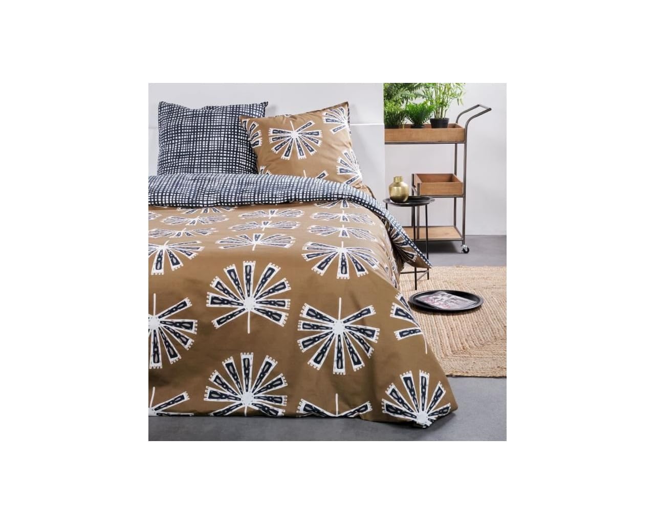 TODAY Sunshine Reversible Double Duvet Cover Set in Printed Cotton – Bronze/Blue – 240 x 220 cm