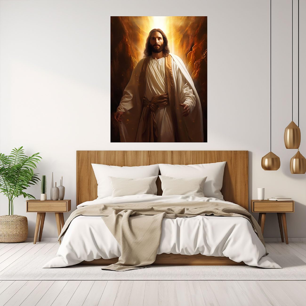 WIKEO Chrystus dekoracja ścienna Jezus Jezus otwiera swoje ręce, płótno, plakat i druki, sztuka ścienna, obrazy - do salonu, sypialni, dekoracja domu (złota 9) - 60 x 90 cm, oprawiona