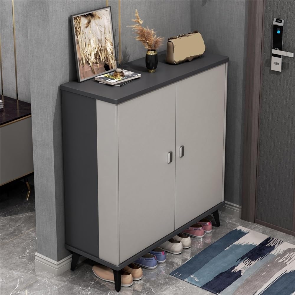 Portascarpe Scarpiera Indipendente for Ingresso Nascosto Stretto for Tacchi Scarpiera in Rattan con 2 cassetti Pieghevoli, Bianco + Grigio Scaffale