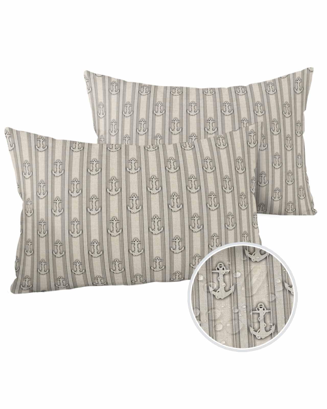 Boanket Lumbar Pillow Covers 12 x 20 in, Beige Anchor Nautical Waterproof Throw Pillow Cover Set of 2, Coastal Ocean Blue Striped Home Decorative Rectangle Cushion Covers for Patio/Tent/Couch/Garden