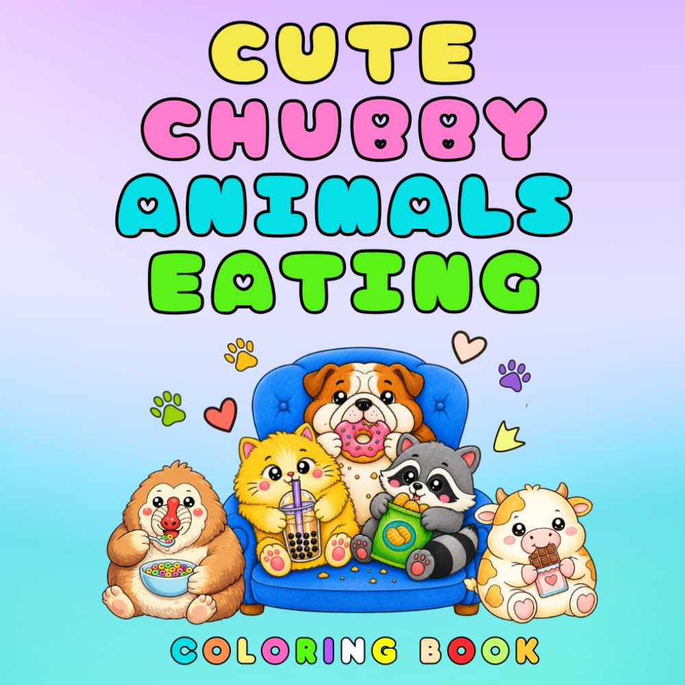 Cute Chubby Animals Eating Coloring Book: Kawaii Chubby Animals Eating Food For Relaxation, Stress Relief, and Creative Coloring