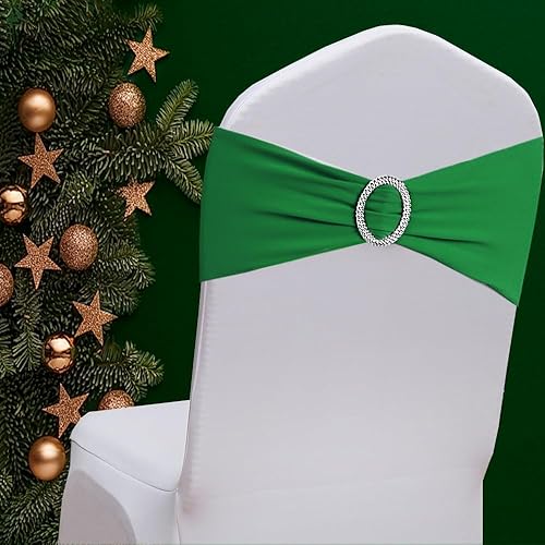 Miniatura 7 de Bandas elásticas para sillas de elastano color verde oscuro, 100 bandas elásticas para sillas con hebillas, lazos para decoración de boda, fiesta,