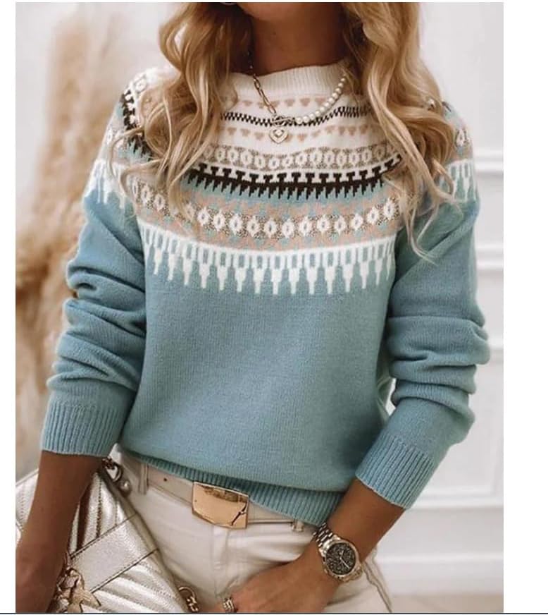 Womens Vintage Fair Isle Knit Sweater 2024 Fall Casual Loose Long Sleeve Crewneck Chunky Knitted Pullover Tops - Image 2