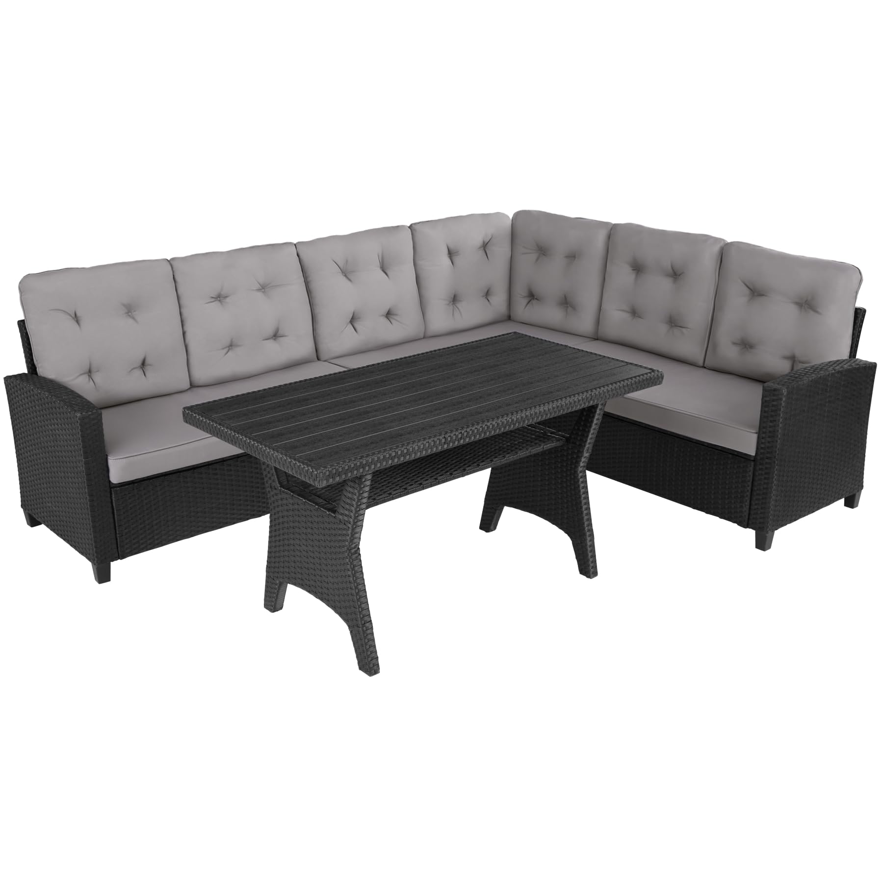 Tectake Salottino in Rattan Catania Set Giardino con Tavolino Salotto 2 Sofà 1 Sofà Angolare Cuscini Idrorepellenti Resistente ai Raggi UV Nero