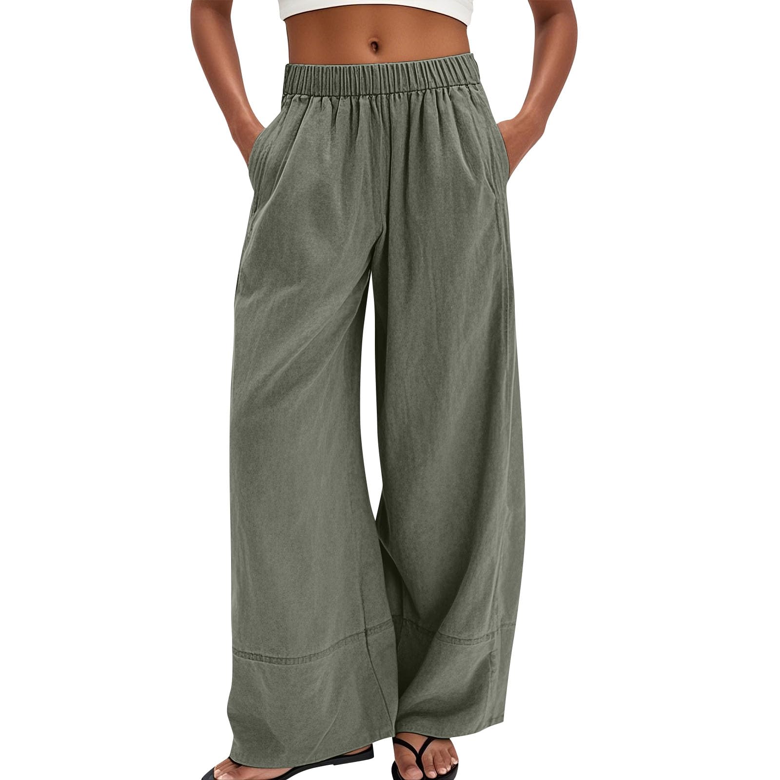 midelxp Linen Palazzo Pants for Women Loose Lightweight Flowy Pants with Pockets Summer Casual Comfy Elastic Waist Trousers