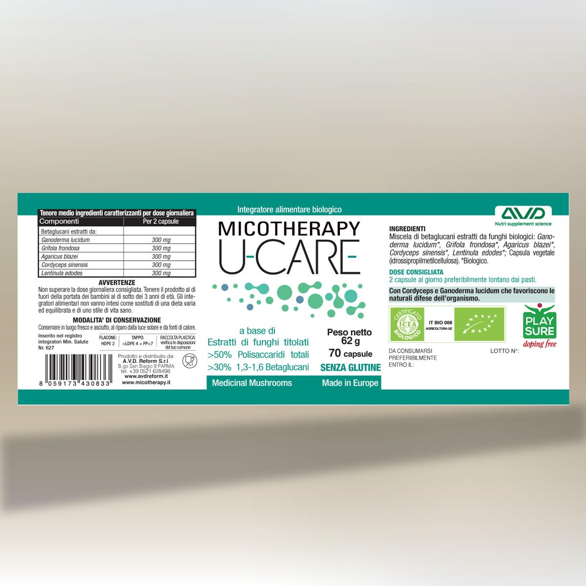 AVD REFORM | Micotherapy U-Care – Integratore con Reishi, Cordyceps, Shiitake, Maitake e ABM da coltivazione biologica per vitalità e difese naturali – 70 capsule – Prodotto in Italia