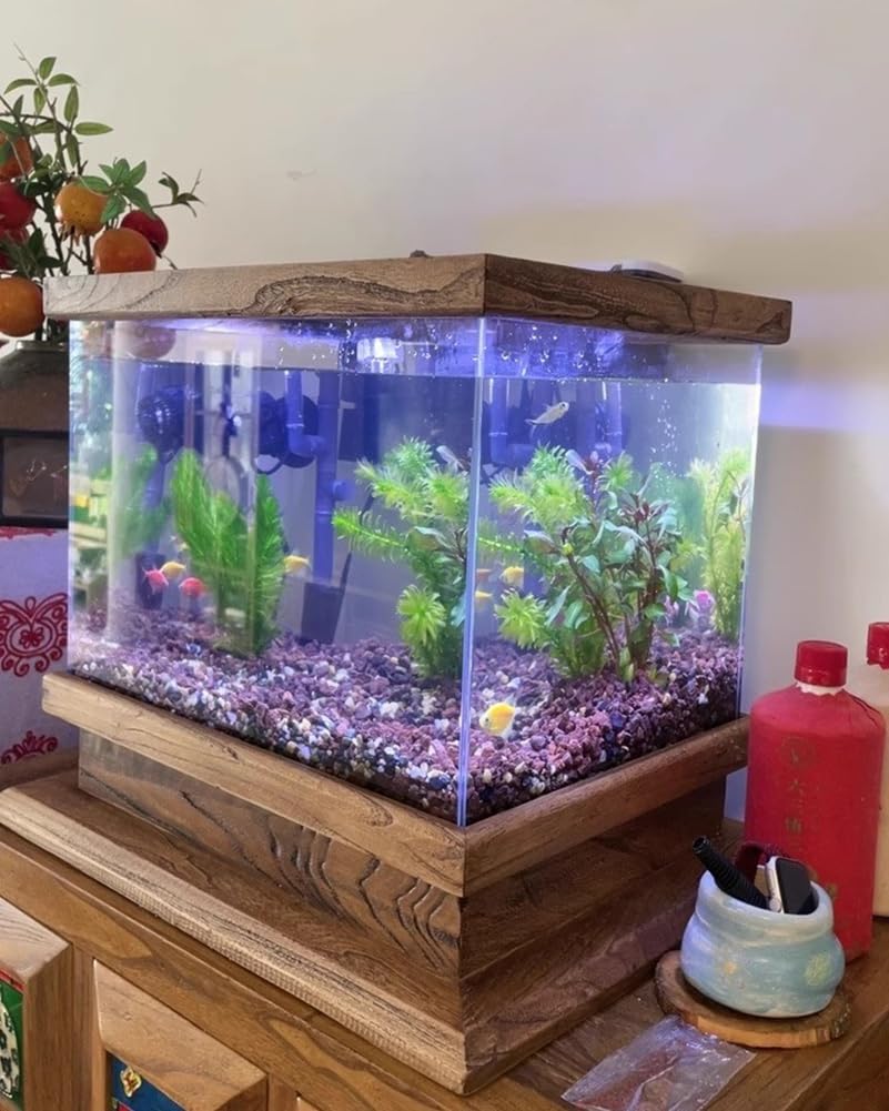 Acuario Grande con Base De Madera Maciza, Pecera Profesional Retro para Peces Betta, Kit De Inicio Autolimpiable De Estilo Vintage, Pecera De Vidrio Y Madera,50cm