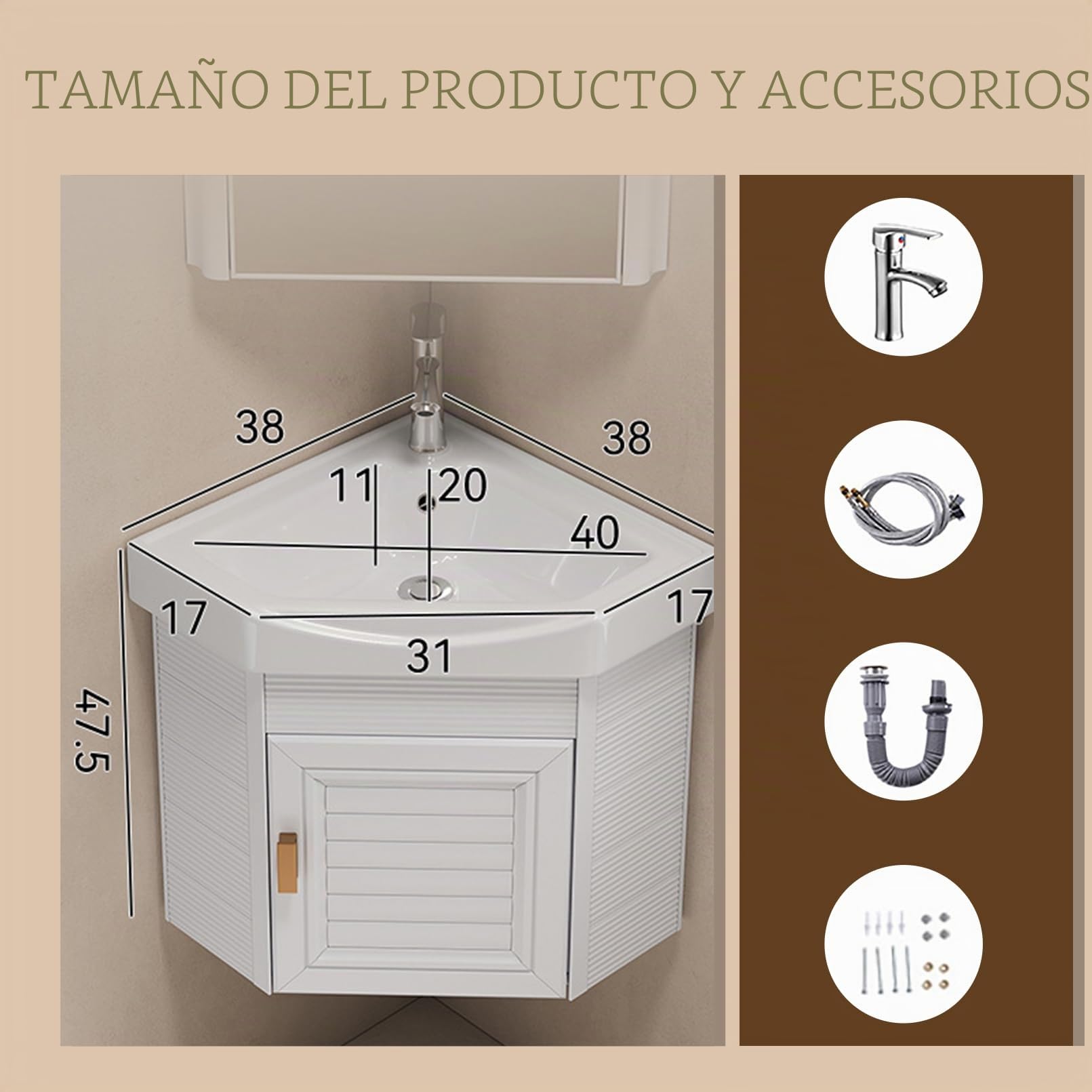 Fregadero de cerámica 38x38cm, Lavabo de baño montado en la pared, Lavabo de esquina de cerámica para espacios pequeños, Lavamanos cuarto de baño, para cocina, aseo, baño,caravana, Blanco