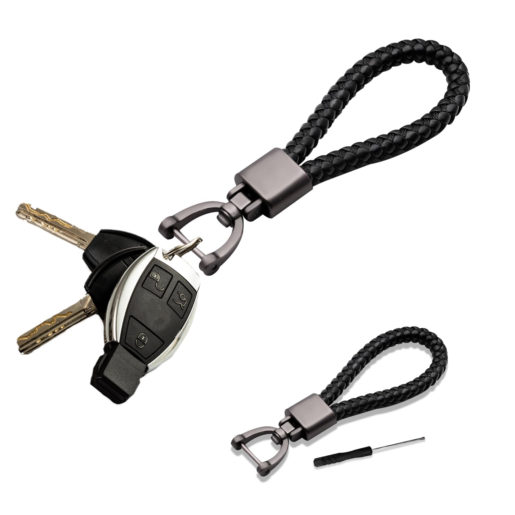 deemars deemars Llavero para Coches de Cuero Genuino, Porta Llaves del Coche con un Anillo en d Girable de 360 Grados y un Destornill, Llave de Cadena Universal para Hombres y Mujeres (Negro)