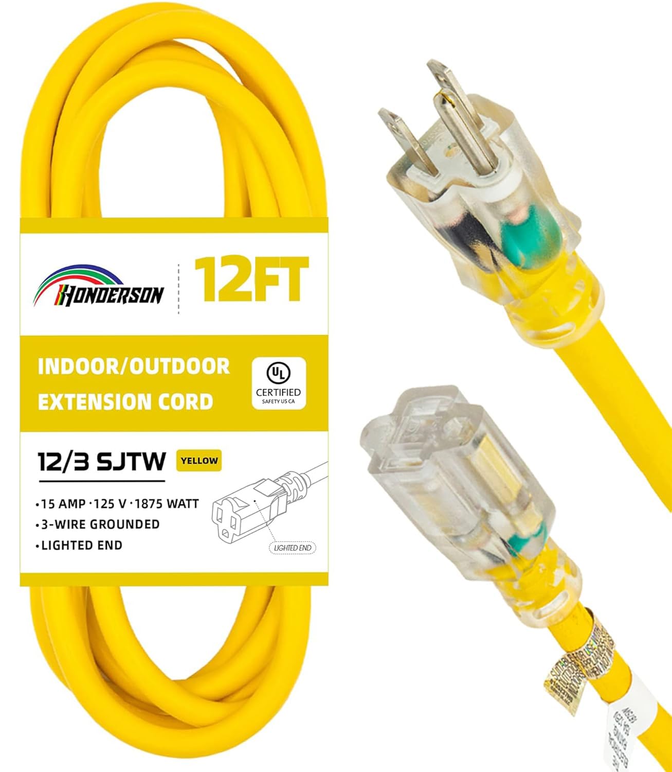 Cable de extensión para exteriores con iluminación de 12 pies, calibre 12/3, SJTW, cable de extensión amarillo resistente con enchufe de 3 puntas para mayor seguridad, certificado UL