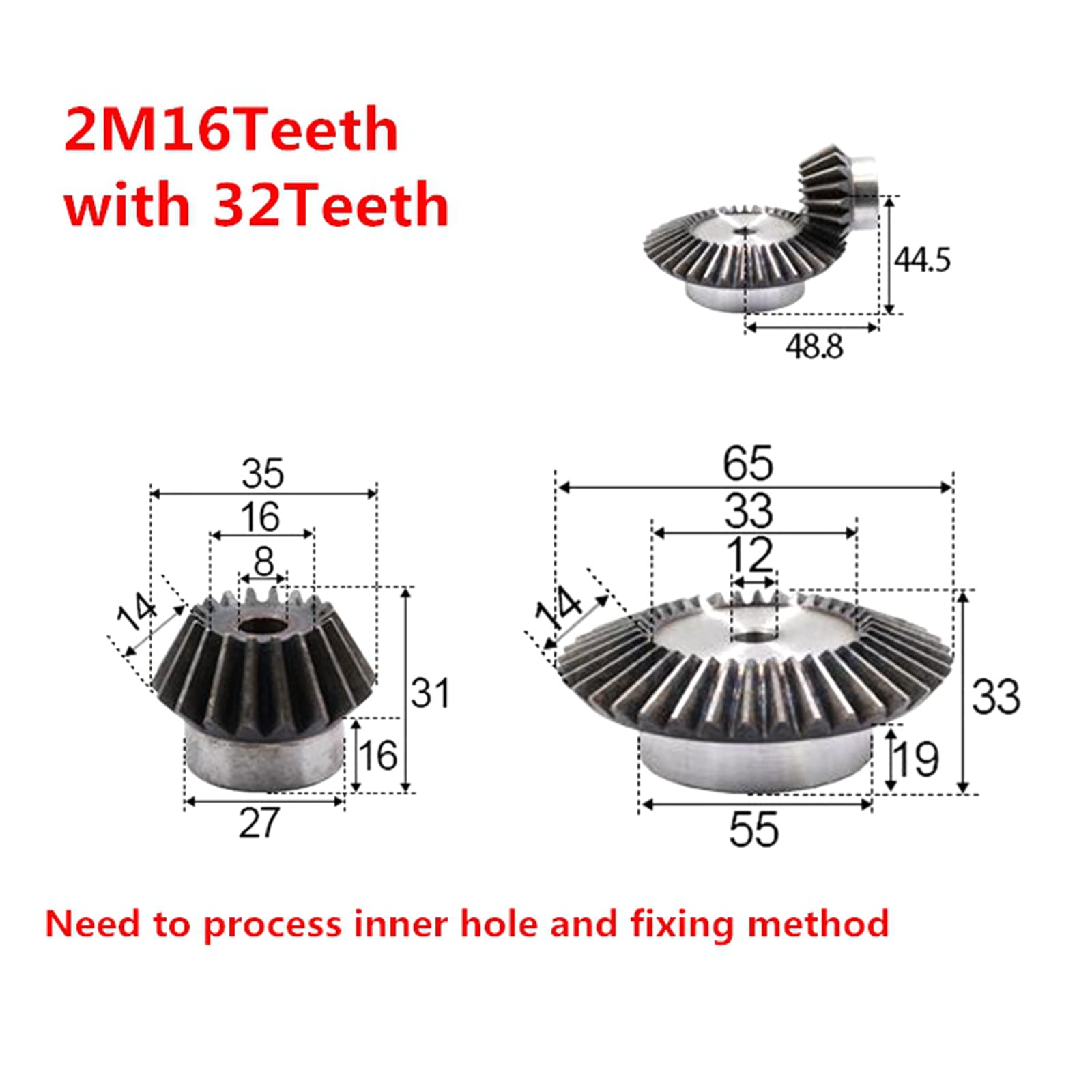 Ingranaggi Conici 1:2 In Acciaio - Modulo 2, 16/32 Denti, Foro 12mm - Per Trasmissioni 90 Gradi - Foto 3