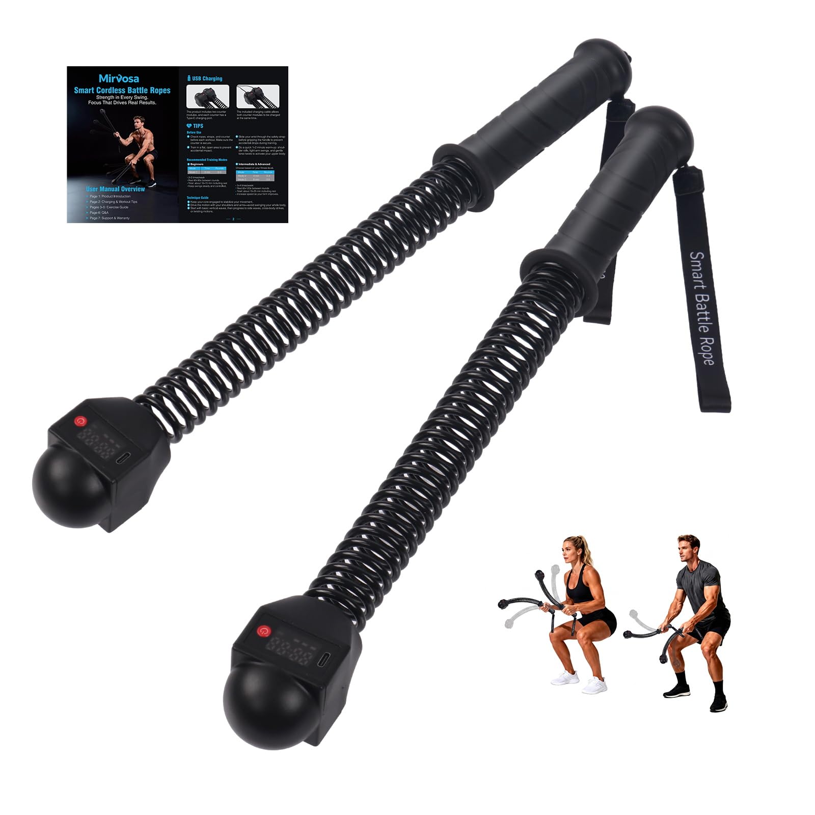2 PCS Weighted Cordless Battle Ropes with Counter - Portable Ropeless Battle Ropes with 3 Timed Modes and Non Slip Handles - Low Noise Exercise Ropes for Instant Effective Workouts Anytime (Black)