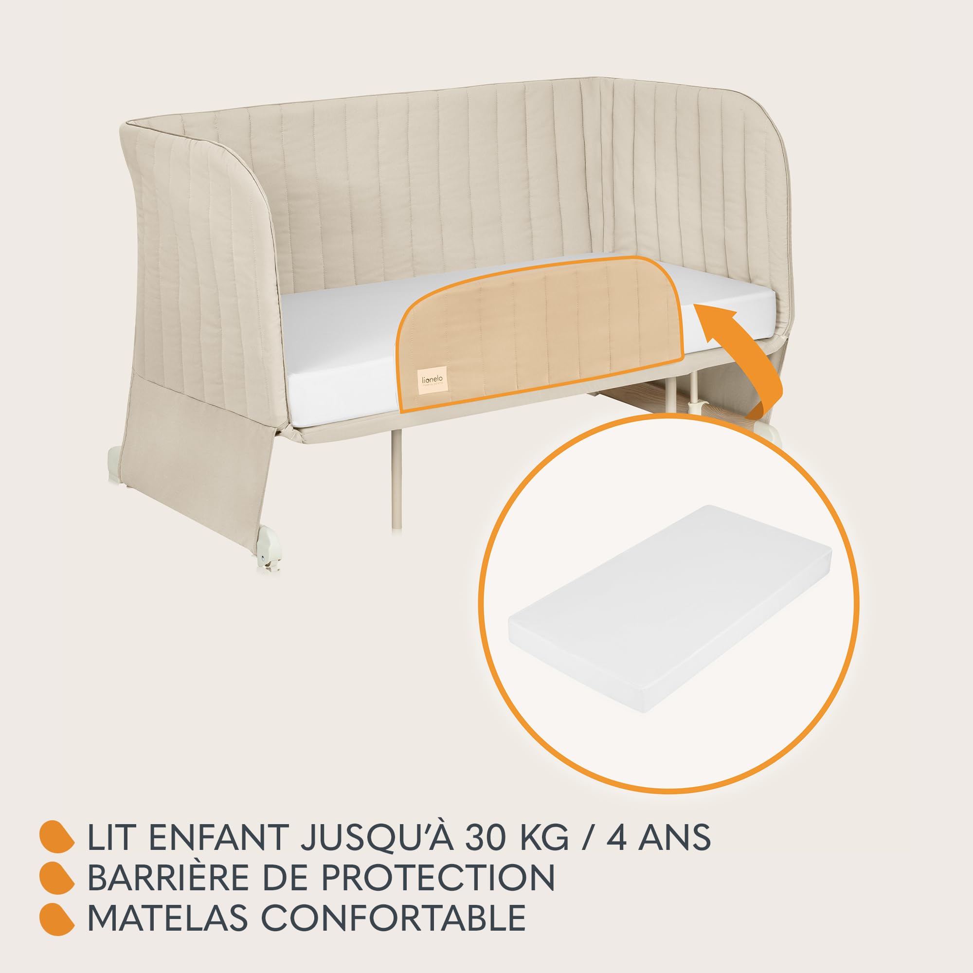 lionelo THOMI Plus 5 en 1 Lit Bébé sur Pied, Convertible jusqu'à 9 kg, pour Un Enfant Plus Âgé jusqu'à 30 kg, Parc Enfant Jusqu'à 15 kg, Canapé-Lit jusqu'à 100 kg Réglable en Hauteur, 2 Roues