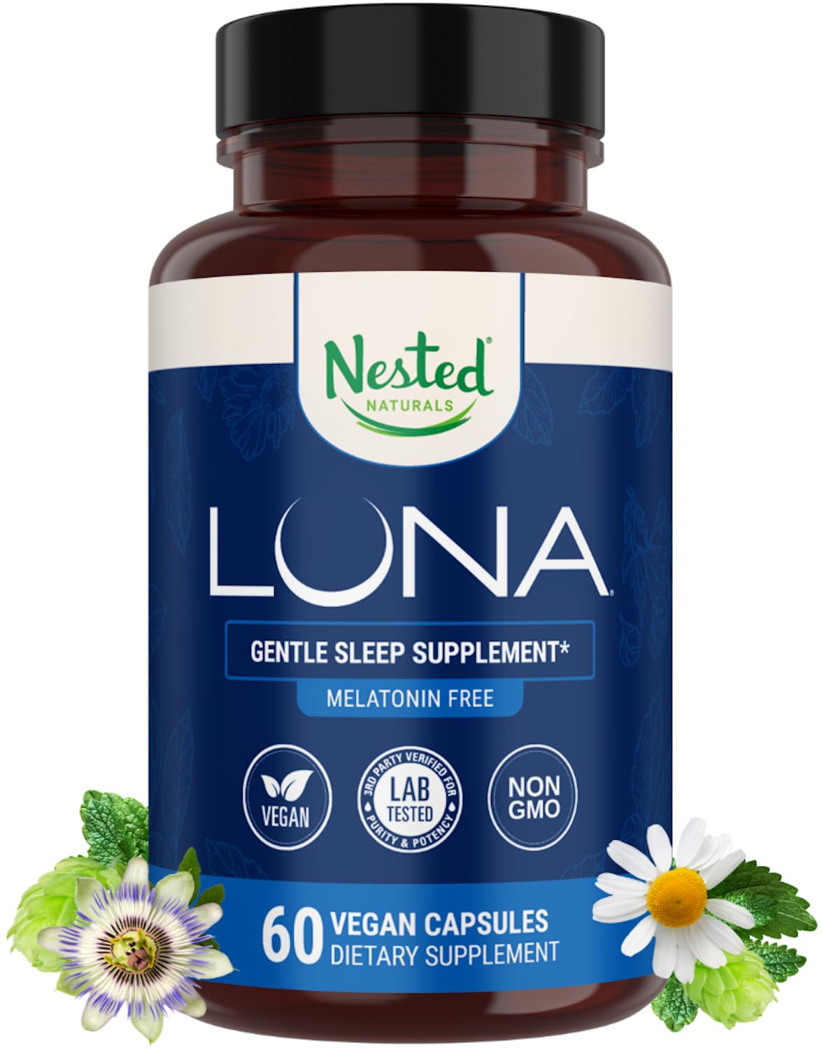 Nested Naturals Luna Sleep Supplement, Melatonin Free, Non-Habit Forming Herbal Sleep Supplement, Adult Bedtime Support, Help Sleeping w/Chamomile, Valerian, L-Theanine, 60 Vegan Capsules