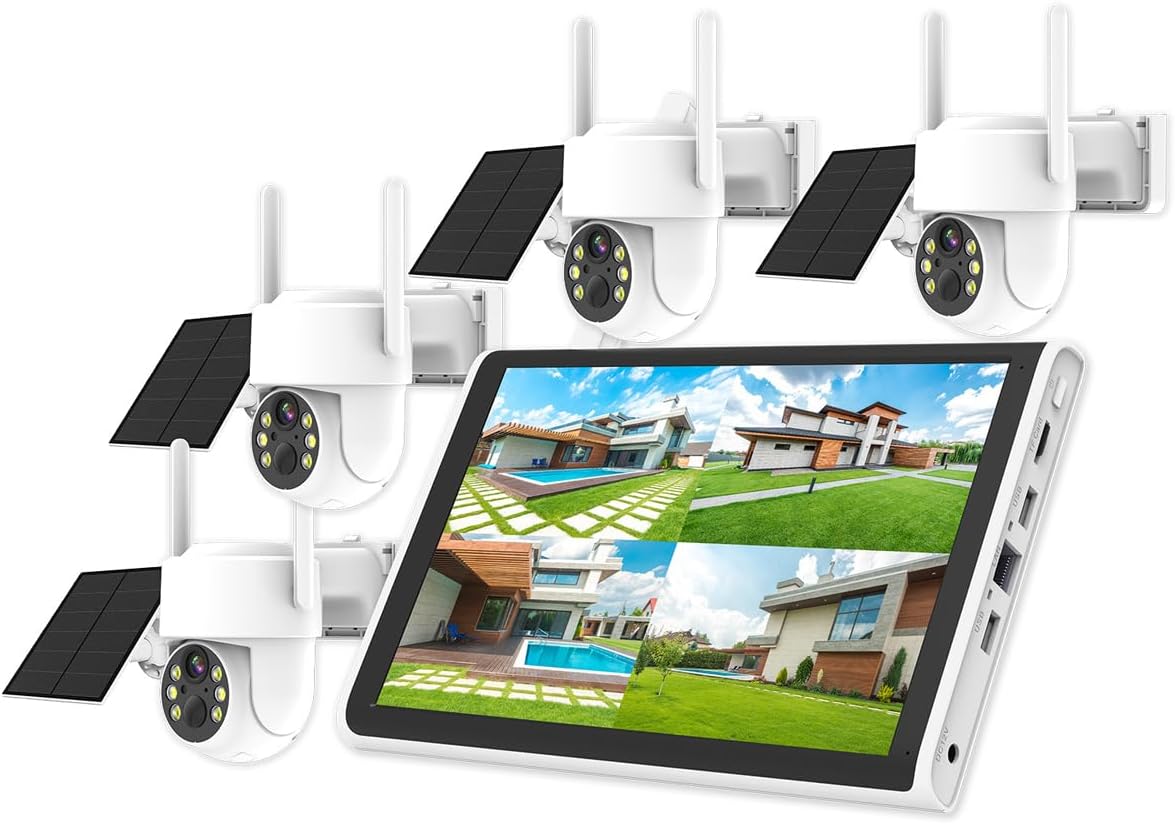 AKAVIG Outdoor Solar Power 4MP Security Camera System with LCD Monitor NVR and 4 Cameras, Wireless WiFi Solar Surveillance Cameras Kit with Two-Way Audio, Color Night Vision, Motion Detection