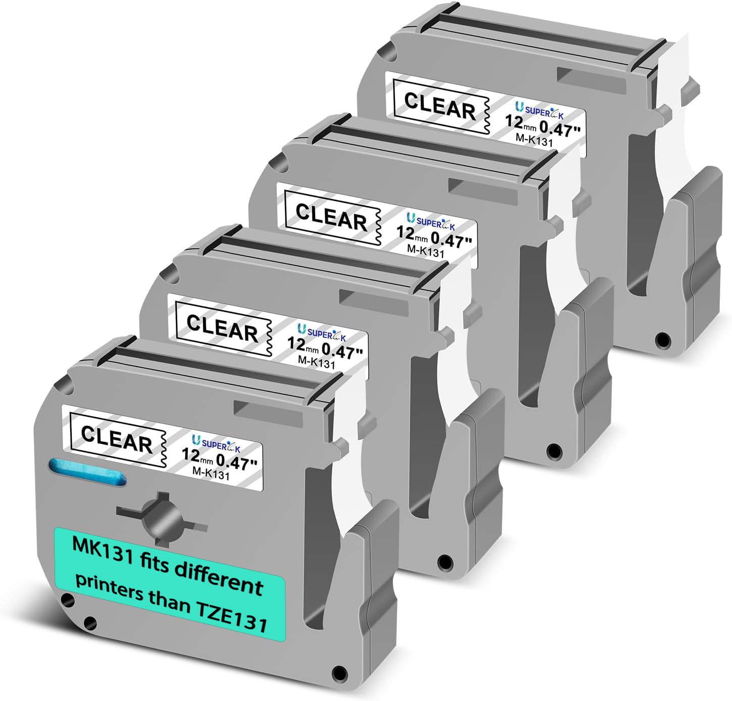 SuperInk 4 Pack Compatible for Brotehr Ptouch M Tape MK131 M-K131 M131s 0.47 Inch 12mm 1/2'' Black on Clear M Label Tape for Ptouch PTM95 PT85 PT65 PT90 PT-85 Label Maker Refills