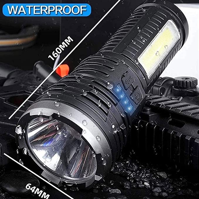 Linterna de Mano LED, Linterna de Alto Lumen Recargable por USB con luz Lateral COB, Resistente al Agua IPX6, 4 Modos de iluminación, luz de antorcha con Zoom for Acampar