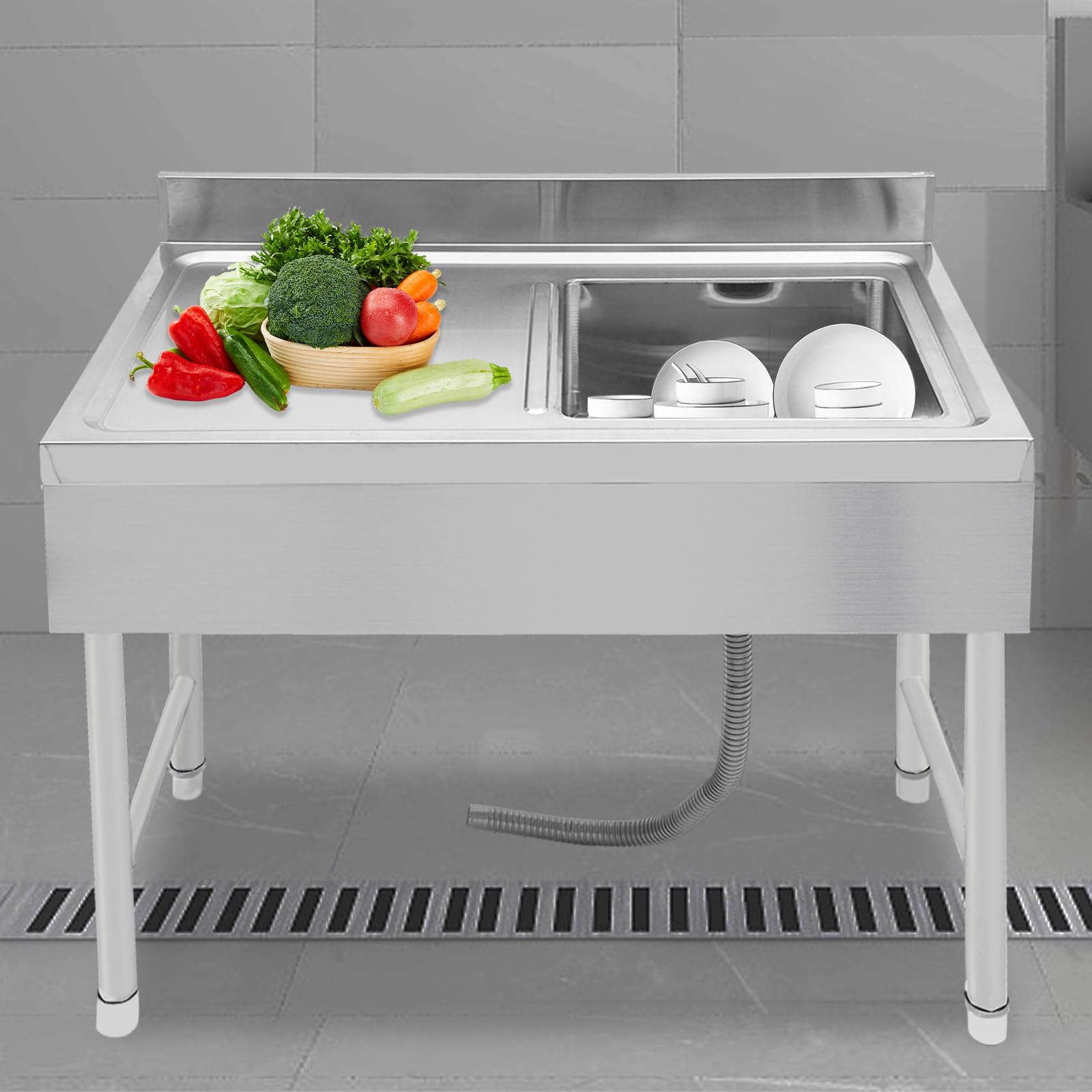 Profi Spültisch 100x50cm Edelstahl Spülbecken Spüle Spülschrank mit 1 Becken Rechts, Gastro Spüle Edelstahl mit Grundboden, Restaurant Küche Bar Abtropffläche Freistehend