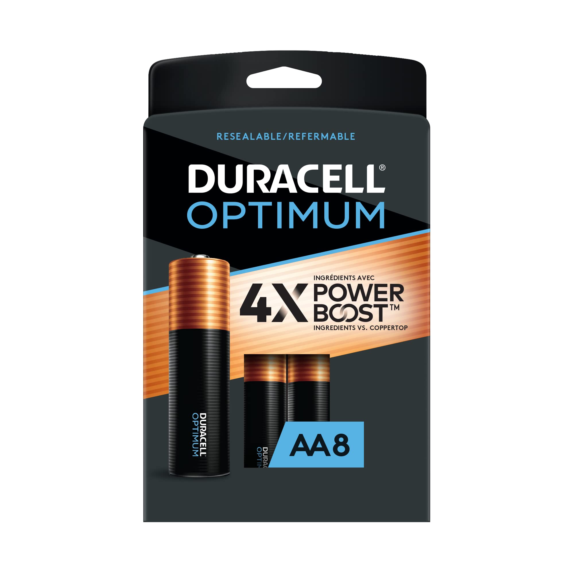 Duracell Optimum AA Alkaline Batteries | Long Lasting 1.5V Double A Battery | Resealable Package for Storage | 8 Count