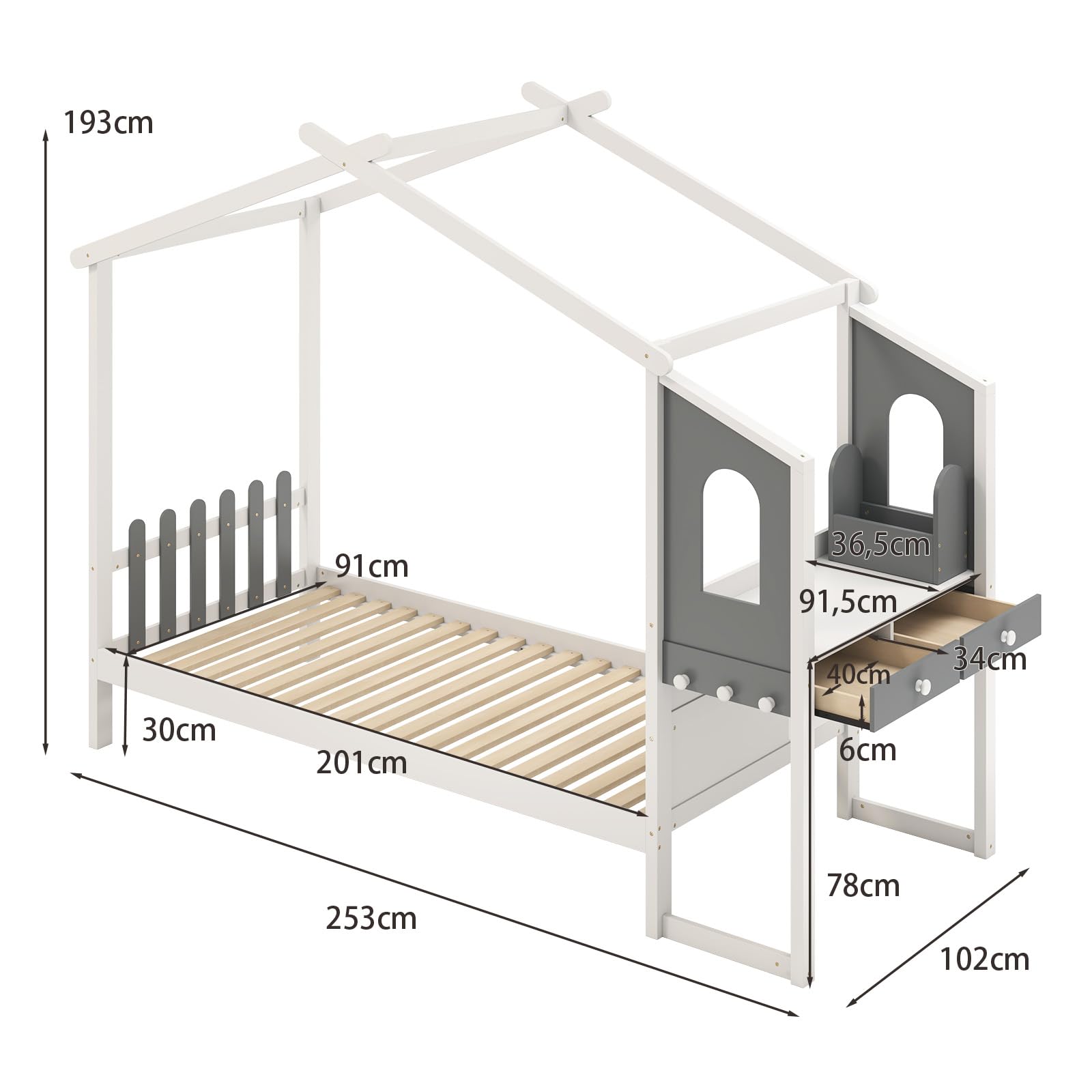 LIFEZEAL 200 x 90 cm Kinderbett mit Schreibtisch, Hausbett mit 2 Schubladen für Kinder & Jugendliche, Jugendbett mit Beine aus Massivholz, Holzbett bis zu 150kg
