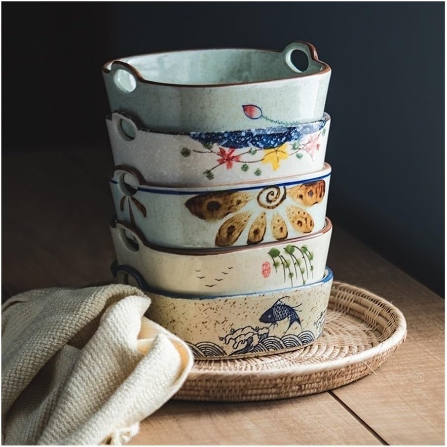 Baking Dishes 590ML Double Ear Baking Bowl, Household Fried Fruit Salad Oven Baked Rice Tray Ceramic Tableware