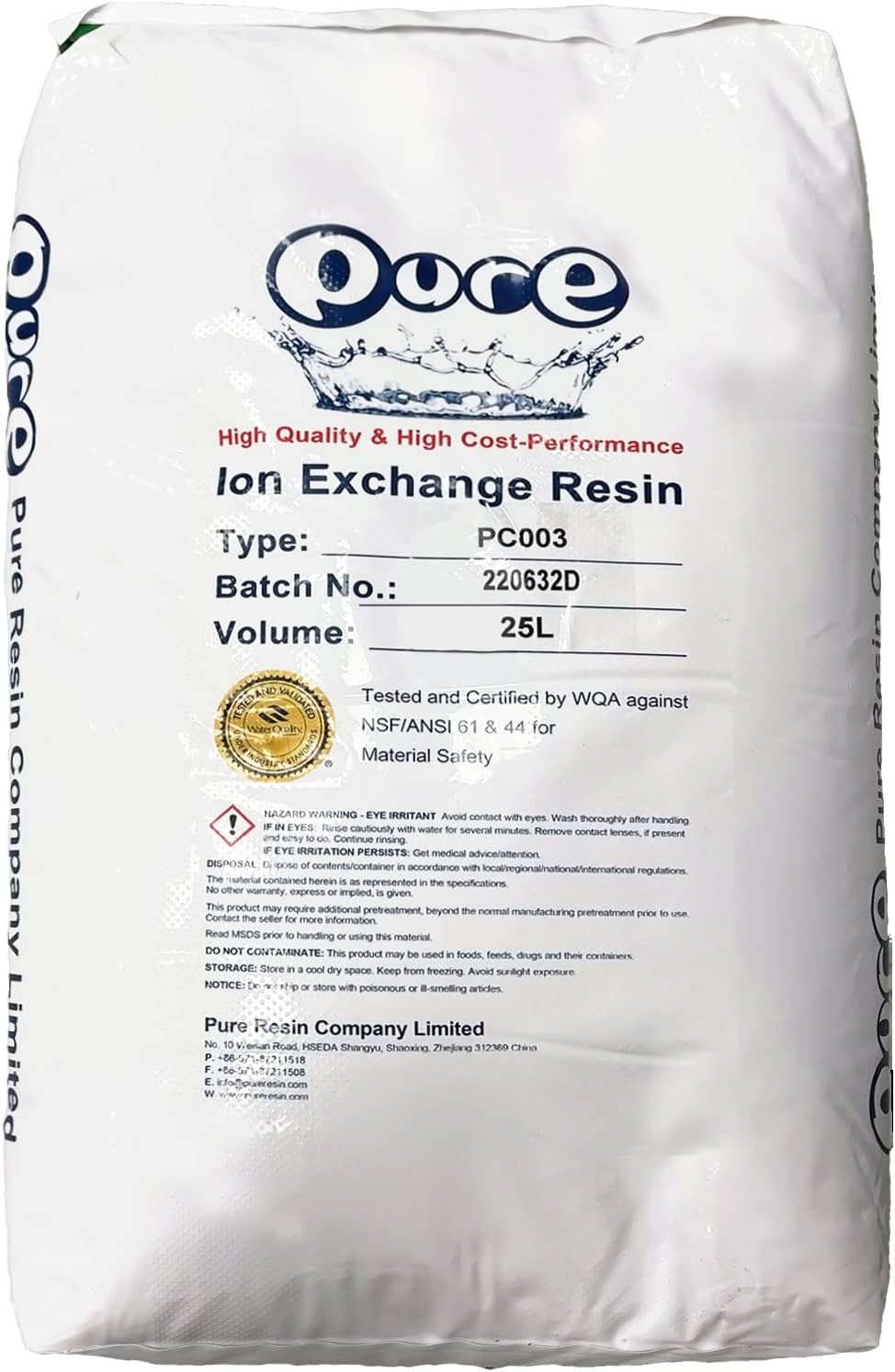 One Cubic Foot, single bag Replacement for Water Softener Ion-exchange, cation Resin 8% Crosslinked 1 Cu Ft