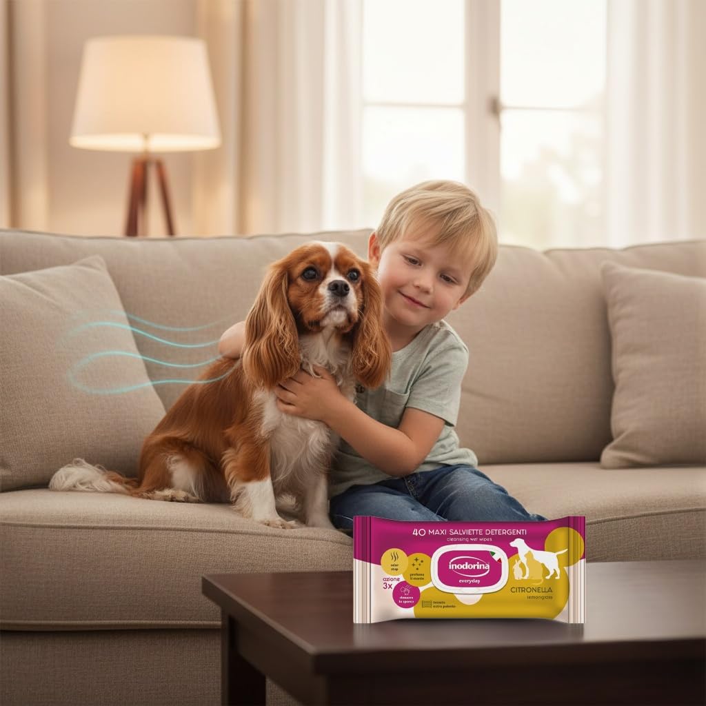 Inodorina Salviette per Cani, Gatti e Cuccioli Everyday (12 Confezioni da 40 Pezzi, Citronella) – Salviettine per Animali in Tessuto Resistente con Odor Stop – Azione idratante ed emolliente