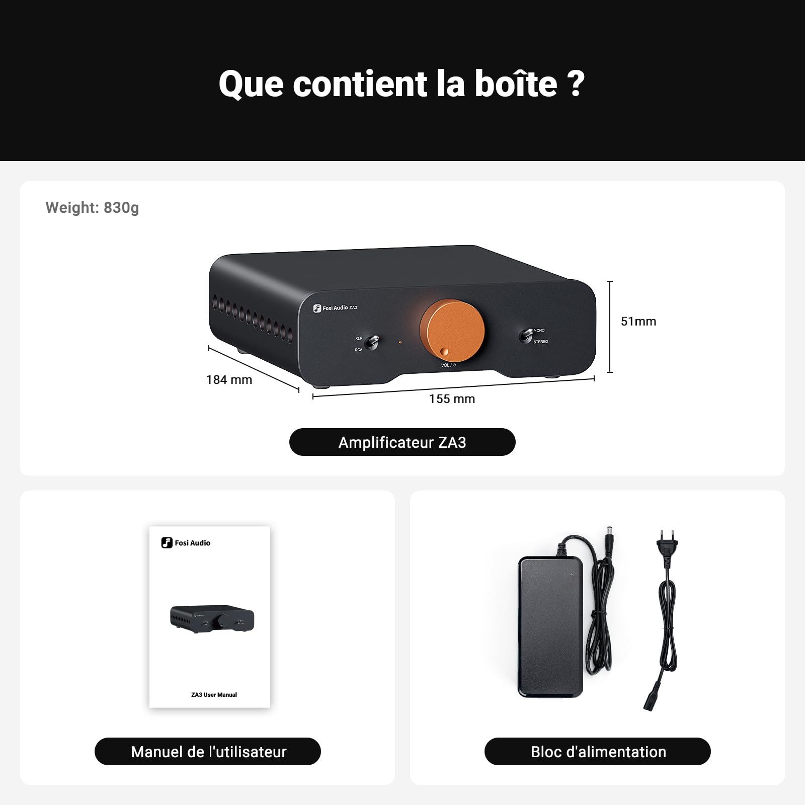 Fosi Audio ZA3 Amplificateur Stéréo/Mono équilibré HiFi avec Puces d'ampli TPA3255, Mini Ampli Audio avec Entrées XLR RCA et Entrée de Déclenchement 12V pour Enceintes Passives de Bureau avec 48V 5A