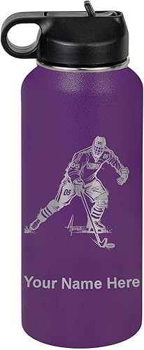 LaserGram Botella de agua personalizada, jugador de hockey, acero inoxidable de doble pared aislada al vacío con popote superior, regalo grabado